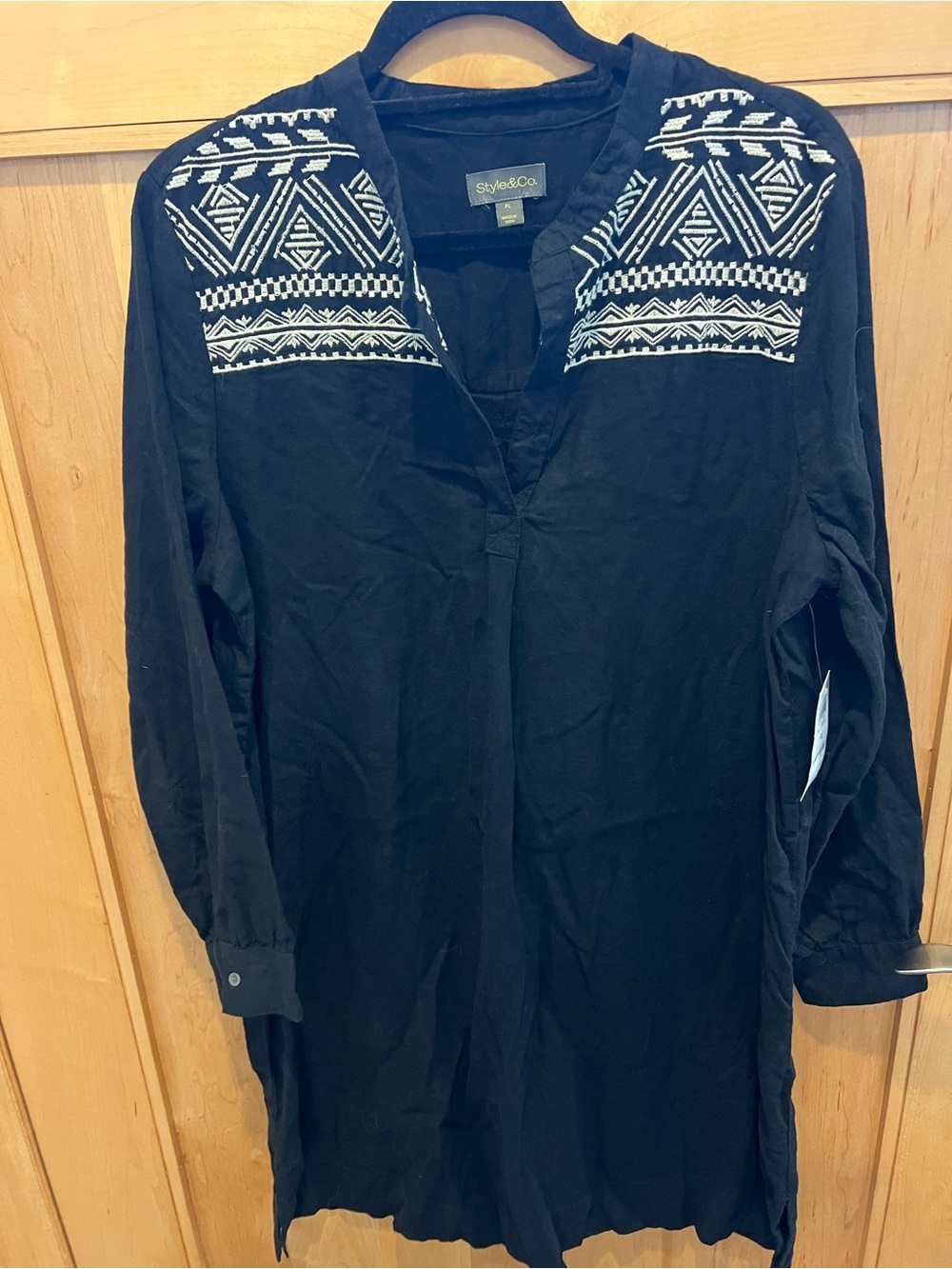 Style & Co. Black Tunic with White Geometric Embroidery